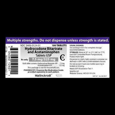 Hydrocodone Bitartrate / Acetaminophen 7.5 mg - 325 mg Tablet Bottle 100 Tablets CII - 00406012401