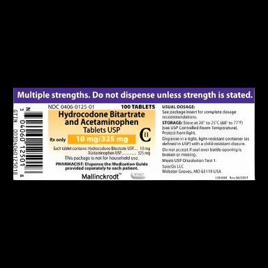 Hydrocodone Bitartrate / Acetaminophen 10 mg - 325 mg Tablet Bottle 100 Tablets CII - 00406012501